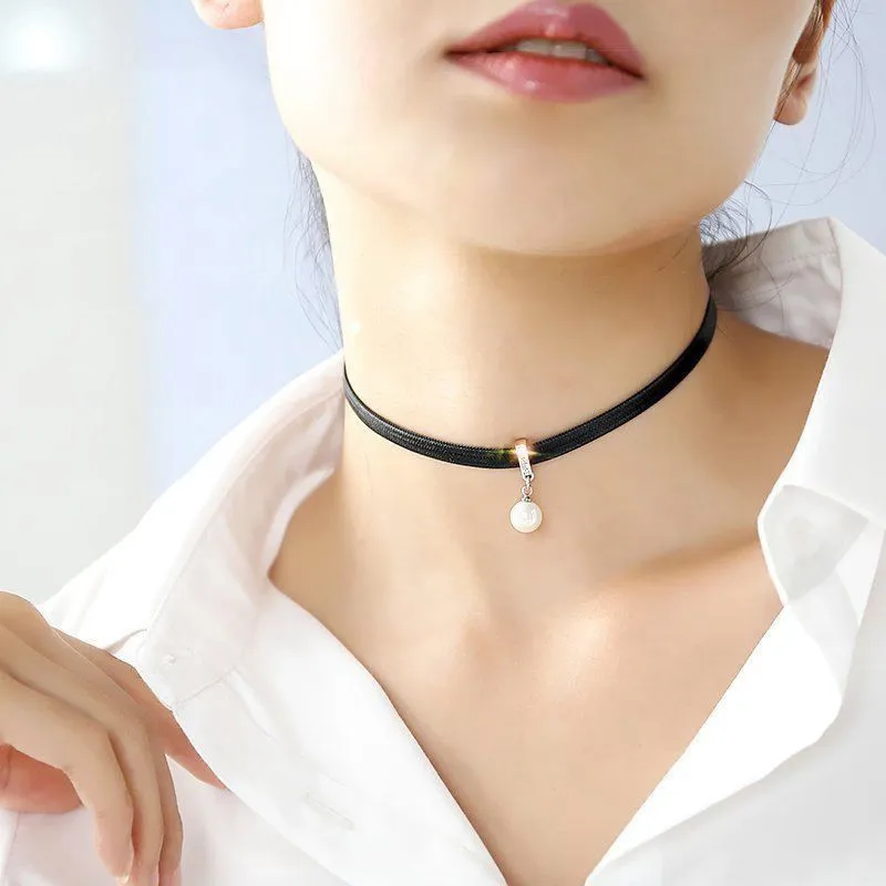 Women Punk Style Simple Design Imitation Pearl PU Cord Choker Necklace