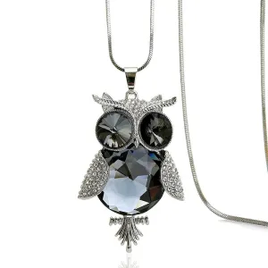 Fashion Classic Lucky Owl Pendant Shiny Glass Gemstone Sweater Necklace for Women