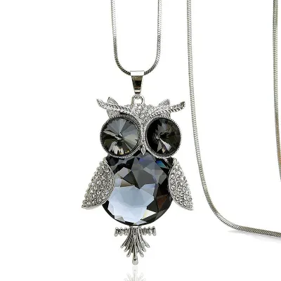 Fashion Classic Lucky Owl Pendant Shiny Glass Gemstone Sweater Necklace for Women