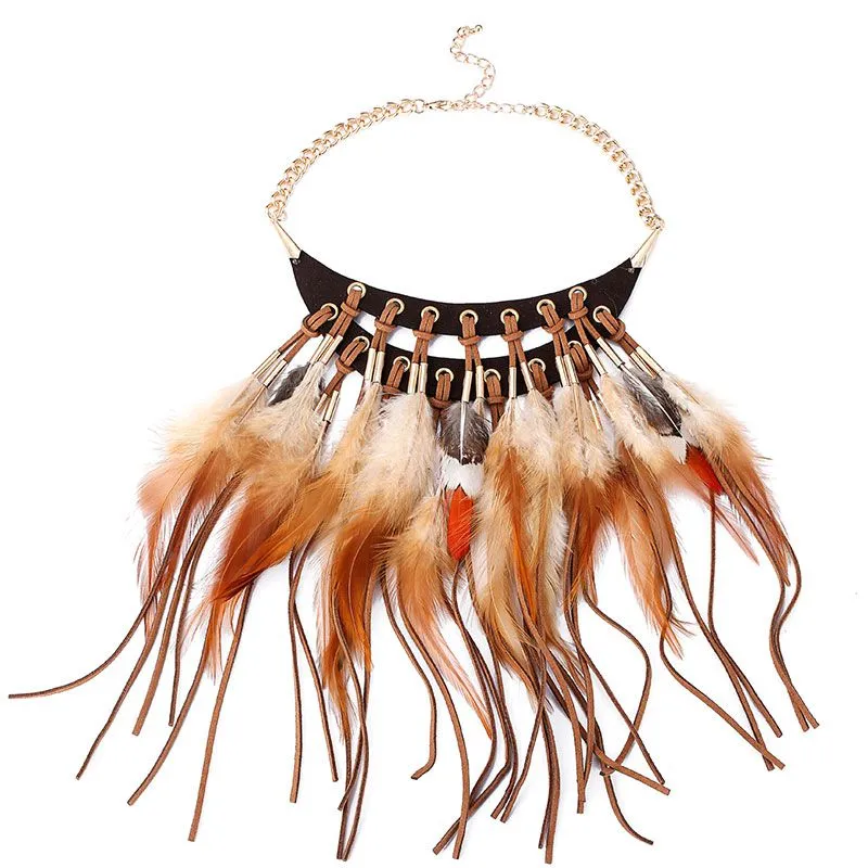 Women Vintage Bohemian Exaggerated Feather Pendant Necklace