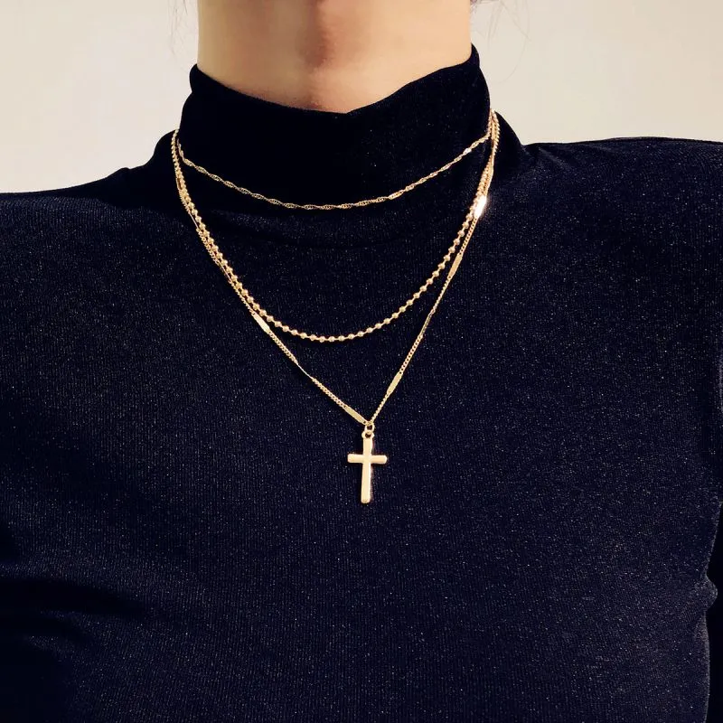 Women Vintage Cross Pendant Simple Geometric Ball Chain Necklace