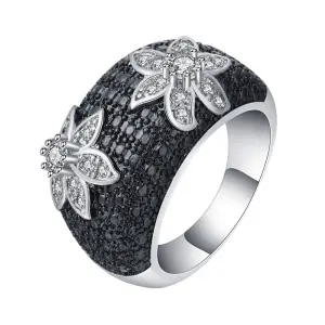 Women Unique Black Rhinestone Flower Design Party Ring