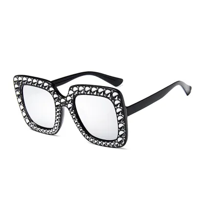 Women Square PC Frame Crystal Decorated Big Sunglasses