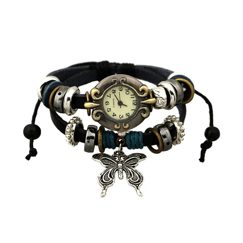 Women's Vintage Genuine Leather Braided Multilayer Bracelet Watch with Butterfly Design