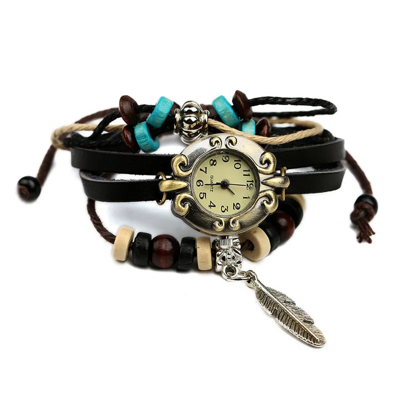 Retro Feather Wooden Beads Leather Multilayer Bracelet Watch