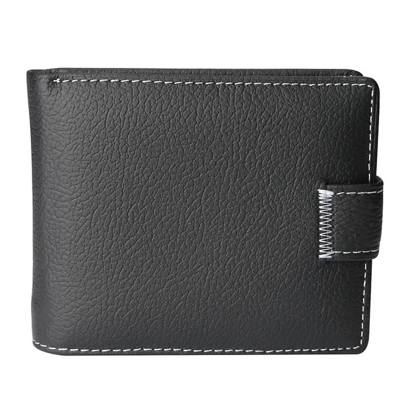 Men's Luxury Gift Litchi Grain Genuine Leather Cowhide Short Wallet With Hasp Zip Closure