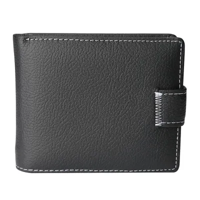 Men's Luxury Gift Litchi Grain Genuine Leather Cowhide Short Wallet With Hasp Zip Closure