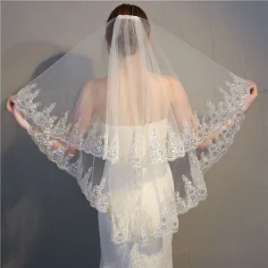 Women Double Layer Embroidered Lace Wedding Veil with Softnet