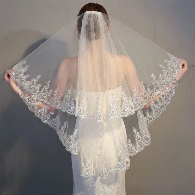 Women Double Layer Embroidered Lace Wedding Veil with Softnet