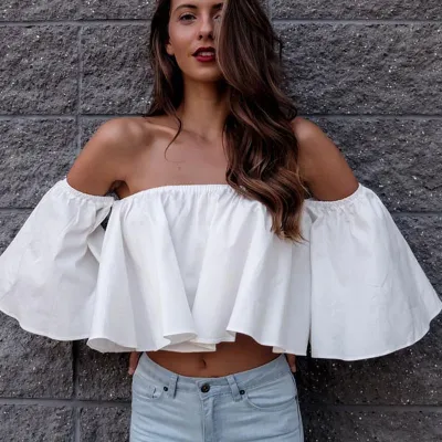 Blusa de gasa con hombros descubiertos para mujer, ideal para vacaciones de verano.