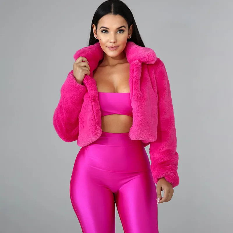 Women Bright Color Luxury Winter Warm Plush Faux Fur Coat