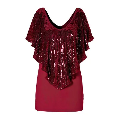 Sexy Glitter Fashion V-Neck Sequins Splicing Batwing Sleeves Cold Shoulder Blouses For Women