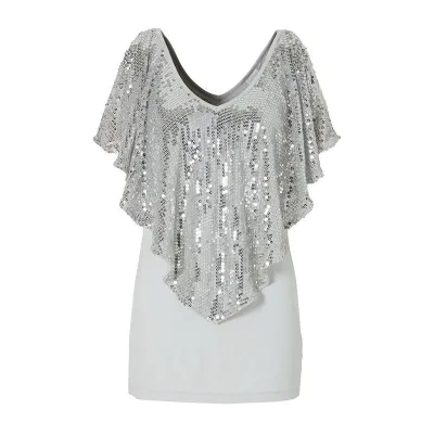 Sexy Glitter Fashion V-Neck Sequins Splicing Batwing Sleeves Cold Shoulder Blouses For Women