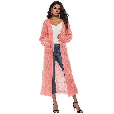 Women Autumn Winter Warm Knitted Cardigan with Irregular Pattern and Split Hem Long Length