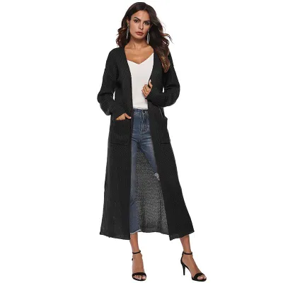 Women Autumn Winter Warm Knitted Cardigan with Irregular Pattern and Split Hem Long Length