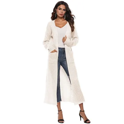 Women Autumn Winter Warm Knitted Cardigan with Irregular Pattern and Split Hem Long Length