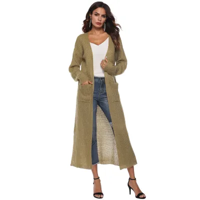 Women Autumn Winter Warm Knitted Cardigan with Irregular Pattern and Split Hem Long Length