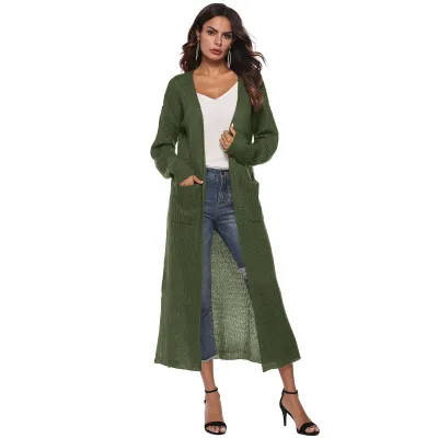 Women Autumn Winter Warm Knitted Cardigan with Irregular Pattern and Split Hem Long Length