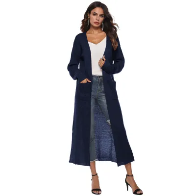 Women Autumn Winter Warm Knitted Cardigan with Irregular Pattern and Split Hem Long Length