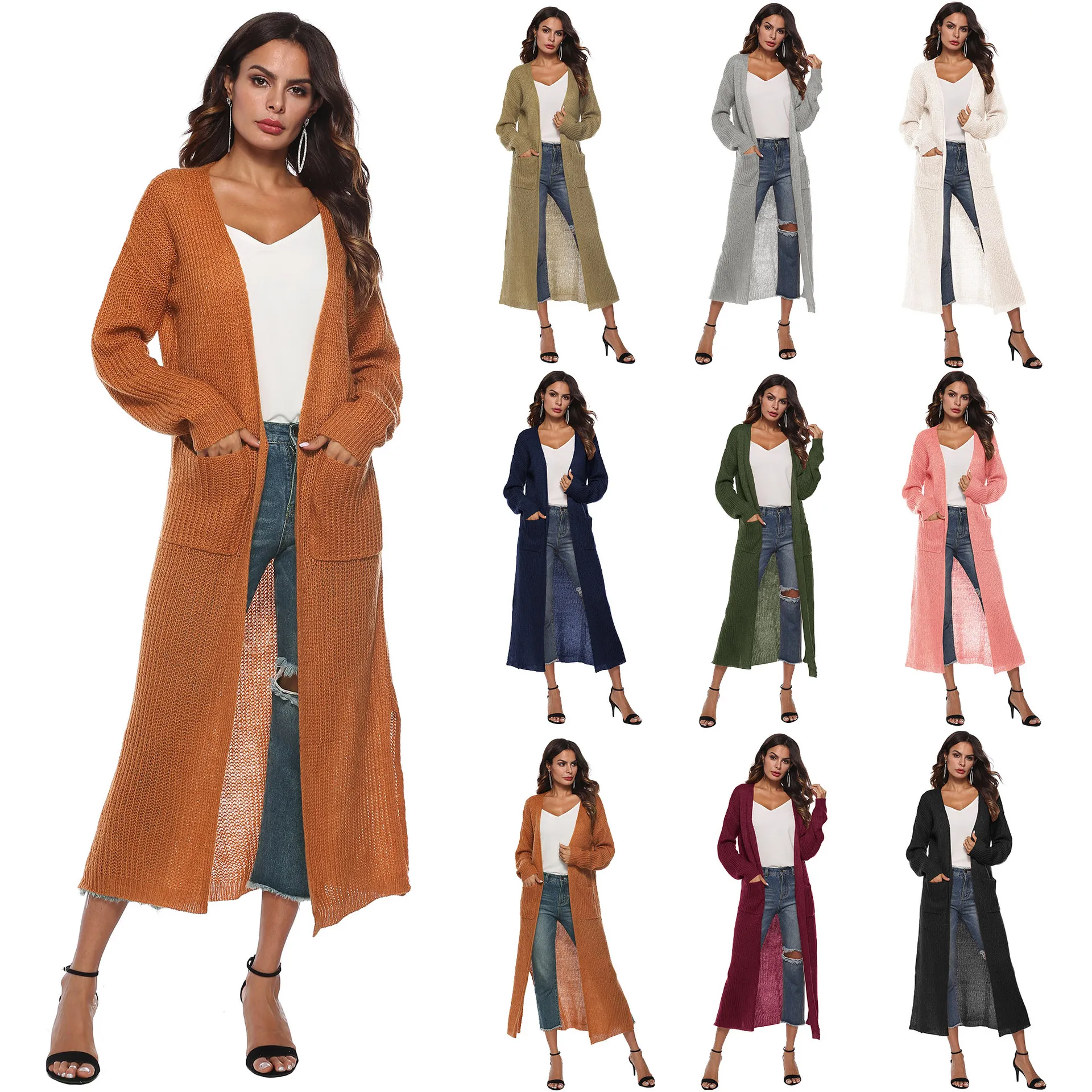 Women Autumn Winter Warm Knitted Cardigan with Irregular Pattern and Split Hem Long Length