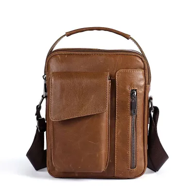 Men Fashion Genuine Leather Crossbody Bag Solid Color