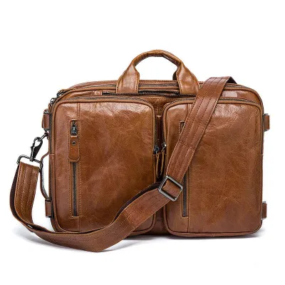 Fashion Creative Design Solid Color Top Grade Genuine Leather Men Briefcase