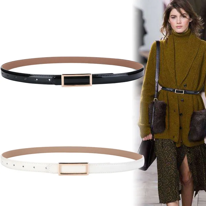Women's Fashion Dress Belt Genuine Leather Wild Alloy Buckle Fine Width