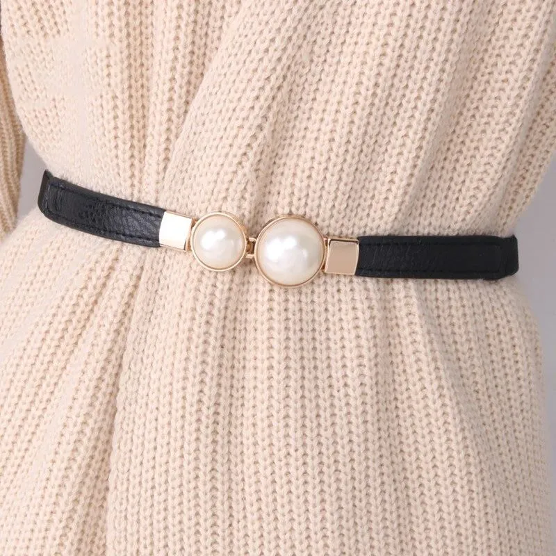 Pearl Buckle Elastic PU Dress Belt