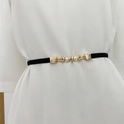 Pearl Buckle Elastic PU Dress Belt