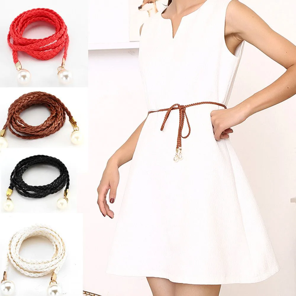 Elegant Woven Pearl Decor PU Waist Rope Belt for Women