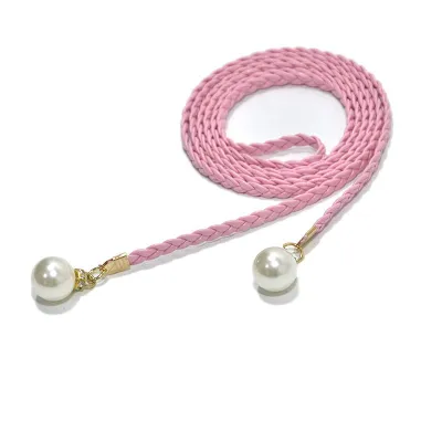 Elegant Woven Pearl Decor PU Waist Rope Belt for Women