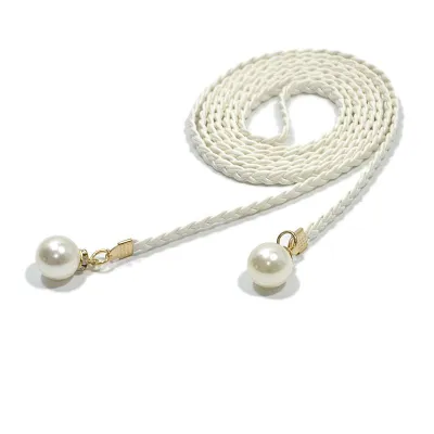 Elegant Woven Pearl Decor PU Waist Rope Belt for Women