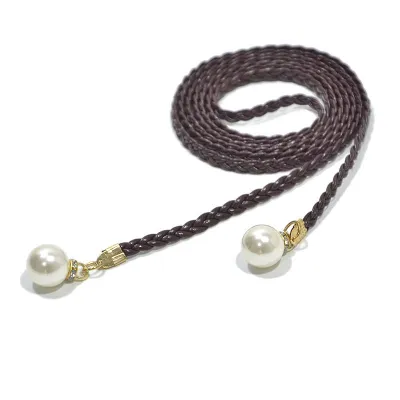 Elegant Woven Pearl Decor PU Waist Rope Belt for Women