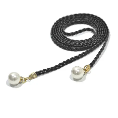 Elegant Woven Pearl Decor PU Waist Rope Belt for Women