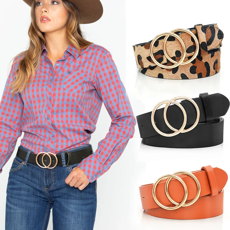 Fashion Women Double Circle Buckle Pu Leather Belt