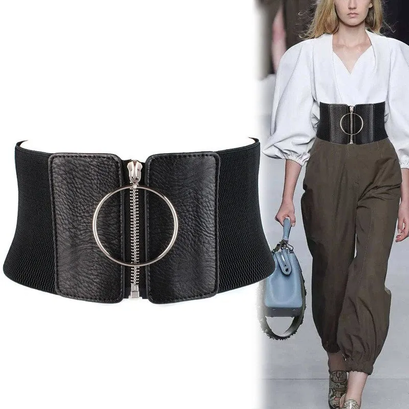 Fashion Women Large Metal Ring Decor Wide Imitation Leather Belt