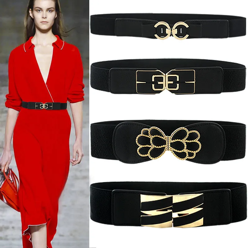 Fashion Women Elastic Belt with Metal Rectangle Buckle