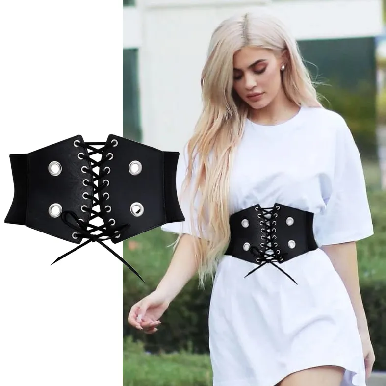 Women Fashionable Eyelet Design Adjustable Black Waistband Belt