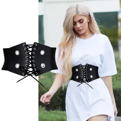 Women Fashionable Eyelet Design Adjustable Black Waistband Belt