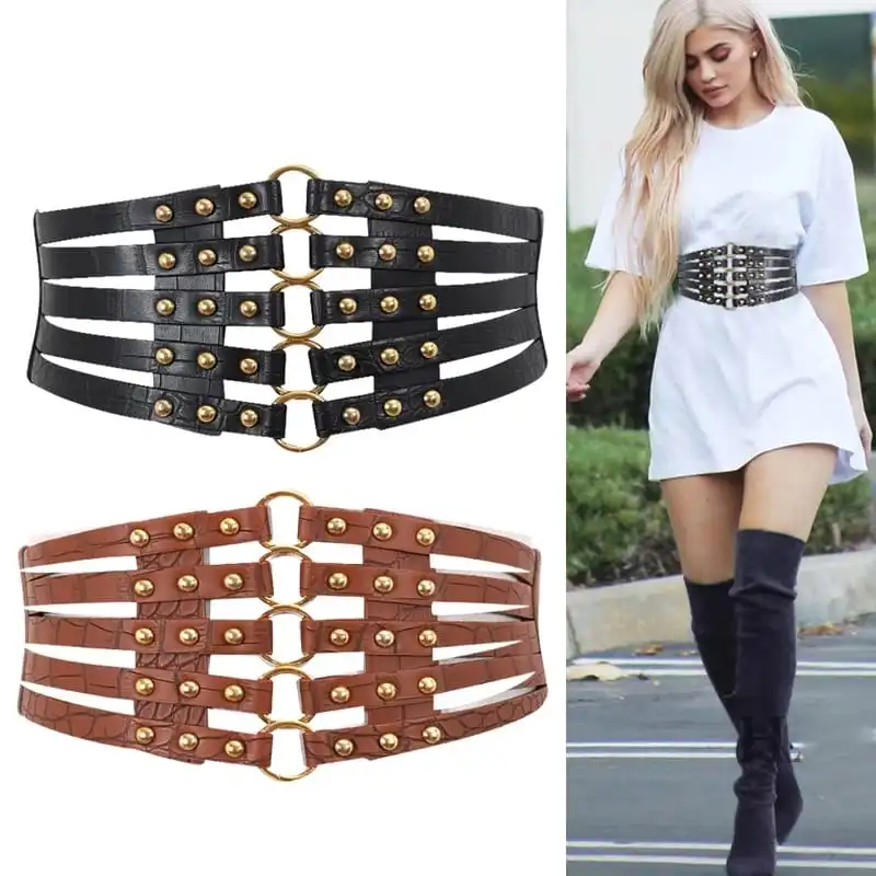 Women Fashion Hollow Rivet Design Elastic Waistband Belt