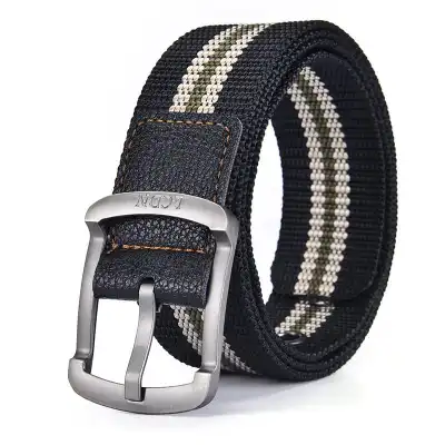 Men Fashion Buckle Canvas Belt with Stripe Design