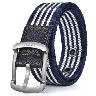 Men Fashion Buckle Canvas Belt with Stripe Design