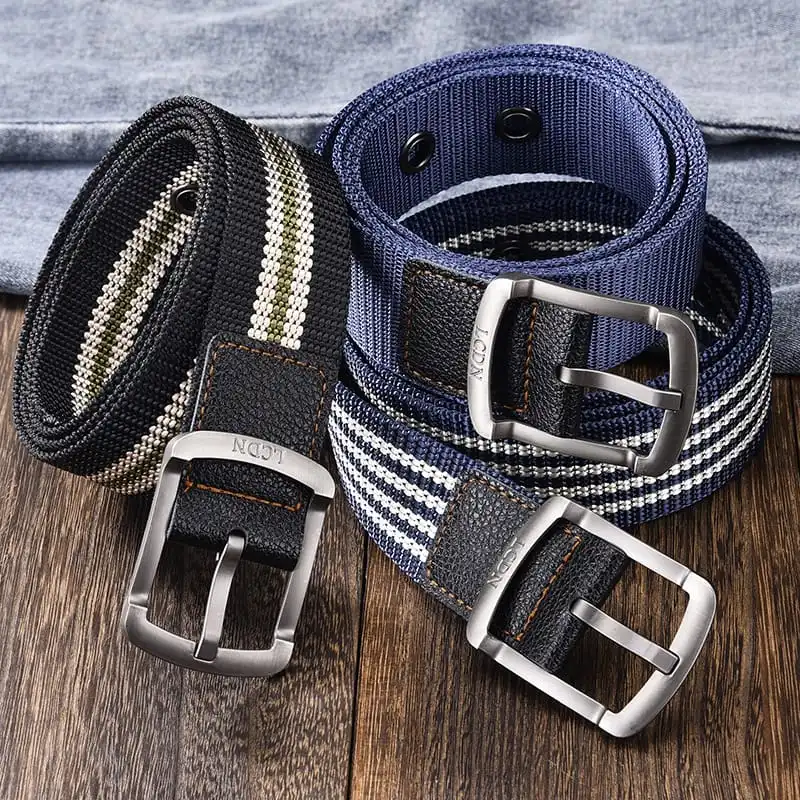 Men Fashion Buckle Canvas Belt with Stripe Design
