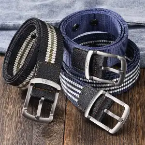Men Fashion Buckle Canvas Belt with Stripe Design