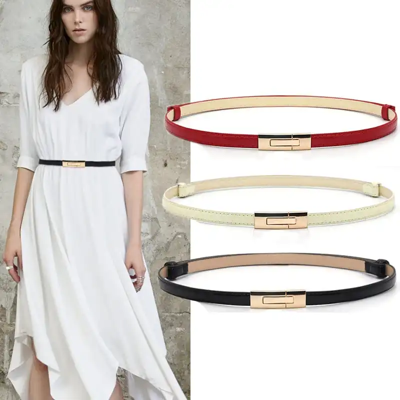 Women Simple Metal Buckle Design PU Thin Belt For Casual Daily
