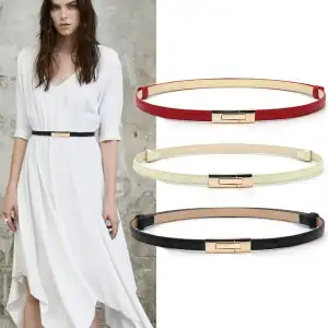Women Simple Metal Buckle Design PU Thin Belt For Casual Daily