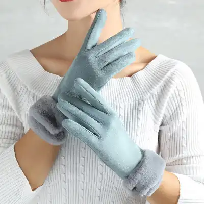 Women Fashion Solid Color Plush Decorative Touch Screen Finger Gloves