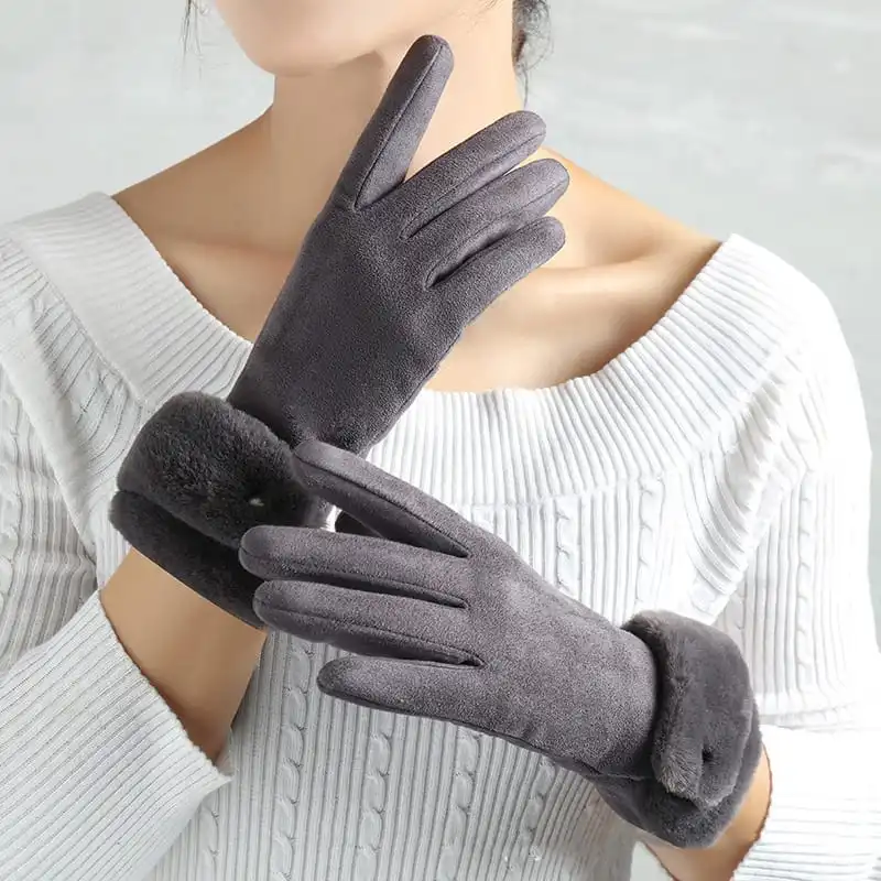 Women Fashion Solid Color Plush Decorative Touch Screen Finger Gloves