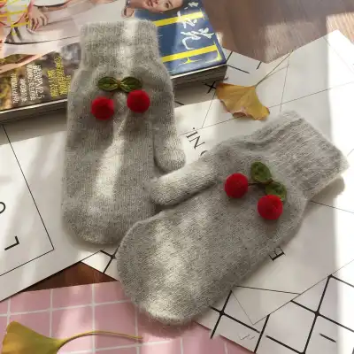 Fashion Solid Color Cherry Decorated Rabbit Fur Mittens