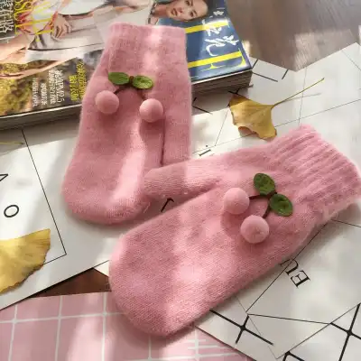 Fashion Solid Color Cherry Decorated Rabbit Fur Mittens
